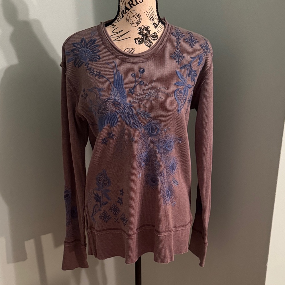 Johnny Was Grey and Blue Embroidered Long Sleeve Top